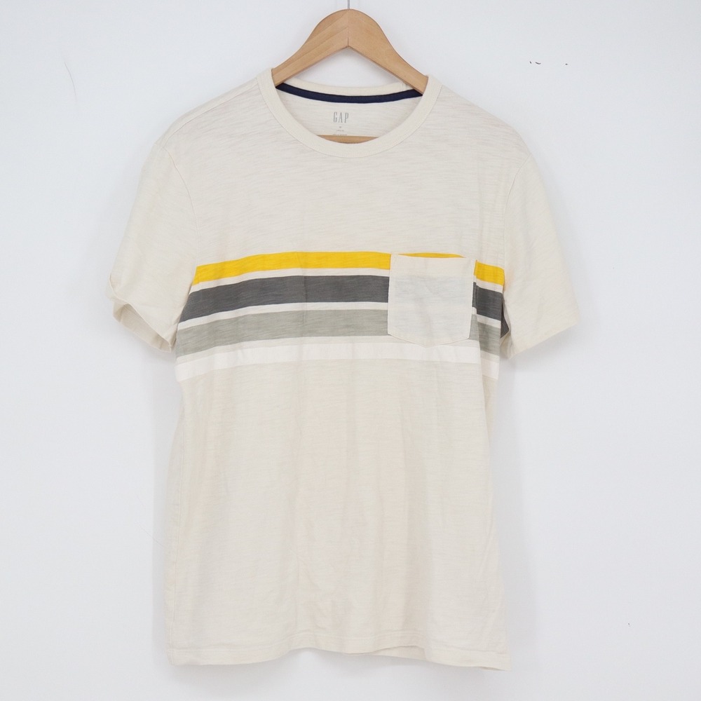 GAP T-Shirt Mens M Lived-In Beige Striped Pocket Short Sleeve Excellent